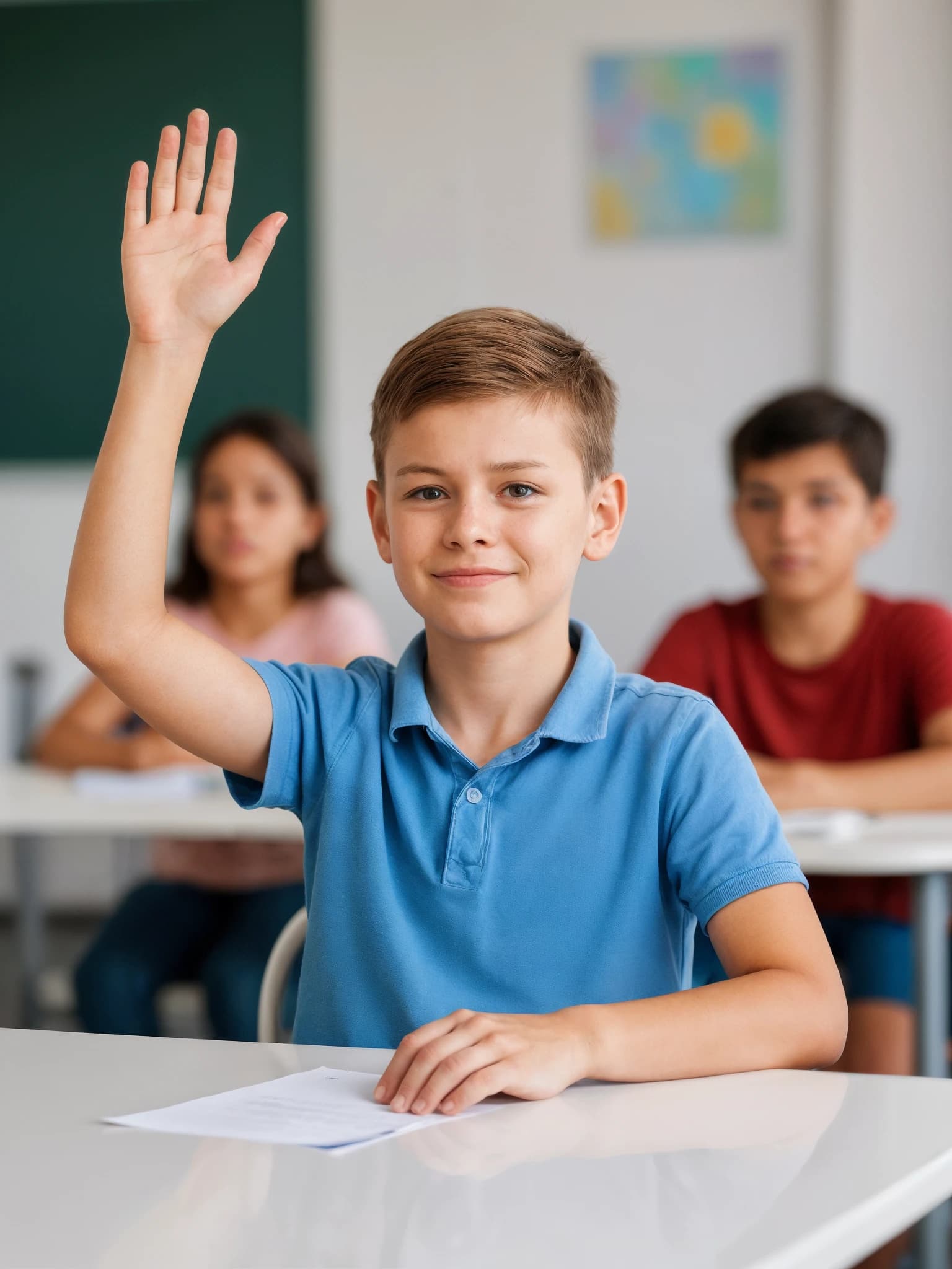 The same child at the same desk, smiling with one hand raised to answer.