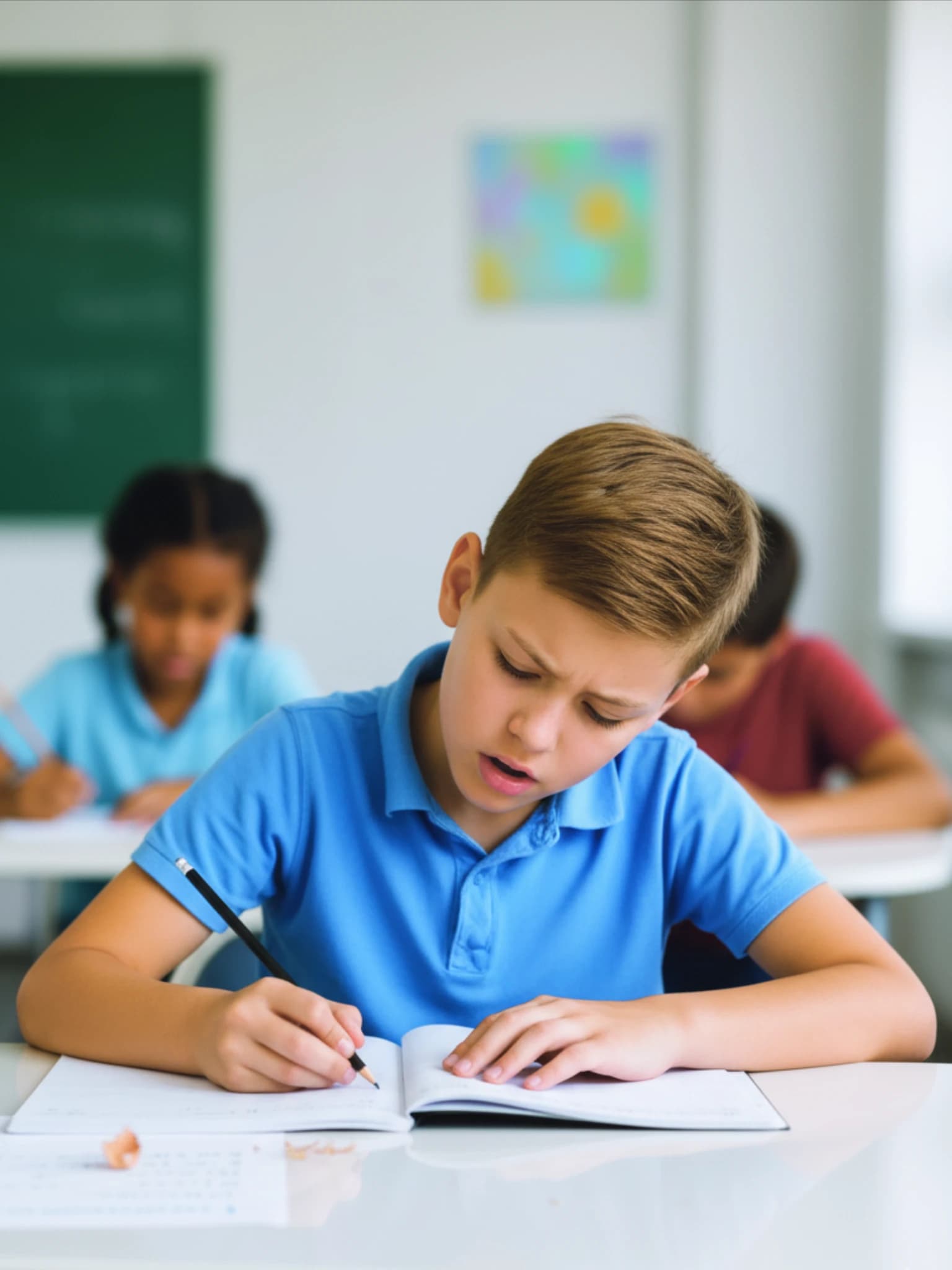 A primary school child at a classroom desk, pencil in hand, frowning down at an open exercise book.