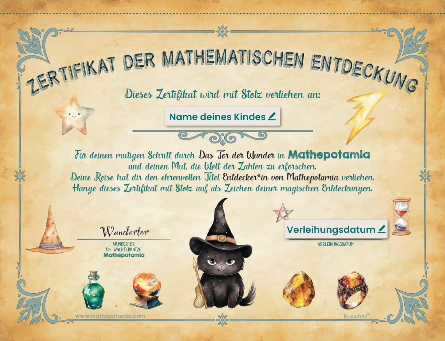 Das Zertifikat der mathematischen Entdeckung aus dem deutschen Questbuch: eine Urkunde auf Pergament, unterschrieben von Wundertor, der Wächterkatze, mit je einer freien Zeile für den Namen des Kindes und für das Datum, umrahmt von gemalten Zaubertränken, Edelsteinen und einer schwarzen Katze mit Hexenhut. Die Beschriftungen im Bild markieren die beiden Zeilen: Name deines Kindes und Verleihungsdatum.